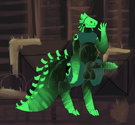 anthro big_penis genitals green_body knot knotted_penis machine male penis protogen_visor solo lighthouseheat rain_world videocult green_lizard_(rain_world) lizard lizard_(rain_world) protogen reptile scalie hi_res