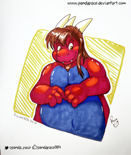 anthro belly big_belly blue_body brown_eyes closed_smile fangs front_view glistening glistening_eyes horn logo looking_at_viewer male male_anthro mouth_closed navel nude overweight overweight_anthro overweight_male red_body smile solo teeth text pandapaco mythology dragon mythological_creature mythological_scalie scalie 2017 artist_logo signature url