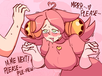 accessory aroused begging bell big_breasts blush bodily_fluids breasts clothing cowlick disembodied_hand dress drooling ears_down eyelashes female female_humanoid furrowed_eyebrows gloves green_body hair hair_accessory handwear jewelry looking_at_another narrowed_eyes necklace offscreen_character open_mouth open_smile pink_clothing pink_hair pivoted_ears saliva shake_lines smile solo sweat sweatdrop text revannman deltarune undertale_(series) mad_mew_mew mew_mew_(undertale) pink_(deltarune) animal_humanoid felid felid_humanoid feline feline_humanoid humanoid mammal mammal_humanoid 2026 4:3 absurd_res digital_drawing_(artwork) digital_media_(artwork) english_text hi_res