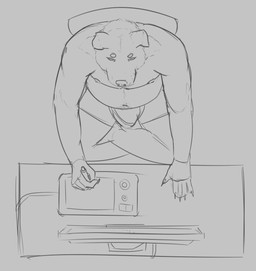 anthro belly belly_hair big_belly bird's-eye_view body_hair bulge clothed clothing desk drawing_tablet electronics floppy_ears furniture high-angle_view holding_object holding_pen male male_anthro monitor narrowed_eyes navel nipples overweight overweight_anthro overweight_male pen simple_background sitting solo table topless aduran canid canine canis domestic_dog mammal hi_res monochrome sketch