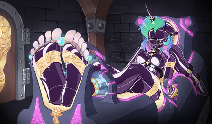 5_toes anthro anthrofied barefoot bdsm biped blindfold blush bodily_fluids bodysuit bondage bound breasts chair clothing cuff_(restraint) digit_ring dungeon encasement fantasy feet female foot_fetish foot_focus fully_bound furniture gag horn humanoid_feet jewelry latex latex_bodysuit latex_clothing latex_skinsuit laugh legs_up limb_slot lock lying muzzle_(object) on_back plantigrade prison_uniform prisoner purple_eyes restrained restraints ring sensory_deprivation shackles sitting skinsuit soles solo stocks submissive submissive_female tally_marks tears tight_clothing toe_restraints toes unusual_tally_marks western_tally_marks wings wings_tied caroo friendship_is_magic hasbro my_little_pony mythology princess_celestia_(mlp) equid equine mammal mythological_creature mythological_equine winged_unicorn 2018 hi_res