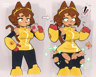 anthro beverage blush bottomwear breast_expansion breasts clothing exclamation_point expansion eyewear female goggles juice_box notched_ear pants solo surprised tearing_clothing thick_thighs thigh_expansion torn_bottomwear torn_clothing torn_pants tonka_kryga gameoverse glitch_productions kit_bodega domestic_cat felid feline felis mammal hi_res