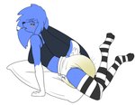 ageplay anthro black_clothing black_ears black_topwear blue_body blue_fur blue_hair blush bodily_fluids clothed clothing diaper female fur genital_fluids gloves_(marking) green_eyes grinding hair huge_ears infantilism legwear markings masturbation narrowed_eyes open_mouth pattern_clothing pattern_legwear pillow pillow_humping roleplay side_view simple_background solo striped_clothing striped_legwear stripes topwear unclean_diaper urine used_diaper wearing_diaper wet_diaper white_background white_diaper hardscales kc_(kingcrazy) canid canine canis domestic_dog hybrid lagomorph leporid mammal rabbit absurd_res hi_res