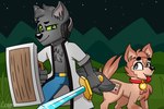 anthro collar duo electronics feral headphones male melee_weapon shield sword weapon compas_4ever microsoft minecraft mojang xbox_game_studios bobicraft comandiu canid canine canis mammal wolf hi_res