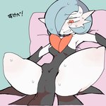 1:1 blue_hair blush blush_lines bodily_fluids breasts cheek_tuft chest_spike clenched_teeth facial_tuft female generation_6_pokemon hair hair_over_eye hi_res japanese_text medium_breasts mega_evolution mega_gardevoir nintendo noseless one_eye_obstructed orange_eyes pokemon pokemon_(species) pupils shiny_pokemon short_hair solo spikes spikes_(anatomy) spread_legs spreading sweat sweatdrop tears teeth teeth_showing text thick_thighs translated tuft white_body white_skin yamada_(pixiv24040206)