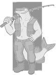 5_fingers anthro bottomwear clothing fingers fishing_rod footwear hand_on_hip holding_object jacket looking_at_viewer male musclegut muscular open_mouth pants shoes solo standing topwear snarkysardine fish marine muskellunge 2020 absurd_res full-length_portrait hi_res monochrome portrait