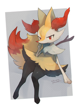 3_fingers 3_toes ambiguous_gender cheek_tuft dipstick_tail facial_tuft feet fingers fur inner_ear_fluff looking_at_viewer markings orange_body orange_eyes orange_fur orange_nose semi-anthro simple_background sitting smile solo stick tail tail_markings toes tuft yellow_body kikuyosy nintendo pokemon braixen canid canine fox generation_6_pokemon mammal pokemon_(species) hi_res signature