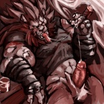 abs anthro balls biceps big_penis bodily_fluids bottomless bottomwear cigar claws clothed clothing cum cum_on_own_tongue cum_on_self cum_on_tongue cum_string cum_taste erection fangs genital_fluids genitals looking_at_viewer male muscular muscular_anthro muscular_male nipples open_mouth pants pecs penis presenting self_taste shirt smoke smoking solo teeth thick_penis tongue tongue_out topwear blazingcheecks bloody_roar konami gado felid lion mammal pantherine 1:1