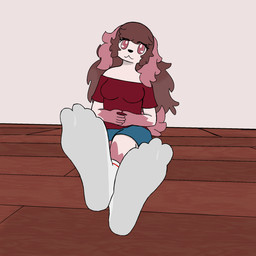 anthro brown_hair clothed clothing crew_socks feet female floor foot_focus footwear front_view fully_clothed fur hair humanoid_feet inside long_hair plantigrade simple_background sitting sitting_on_ground socks solo white_body white_fur wood wood_floor ticklebunny shea_(ticklebunny) canid canine canis domestic_dog mammal 1:1 digital_media_(artwork) hi_res
