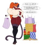 anthro big_breasts biped bodily_fluids bottomwear breasts clothing dialogue duo female hair hand_on_hip huge_breasts legwear orange_hair skirt sweat text thigh_highs jludragoon domestic_cat felid feline felis mammal english_text hi_res