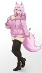 absolute_territory big_breasts blue_eyes breasts clothing eyewear female fluffy fluffy_tail footwear glasses hair hoodie huge_breasts legwear pink_hair shoes simple_background solo tail thigh_highs topwear white_background airisubaka animal_humanoid canid canid_humanoid canine canine_humanoid fox_humanoid humanoid mammal mammal_humanoid 2024 absurd_res hi_res