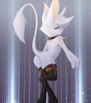 anthro arm_warmers armwear balls big_ears butt clothing collar femboy fur genitals legwear looking_back male raised_tail smile solo tail white_body white_fur warden006 microsoft ori_(series) xbox_game_studios ori_(ori) guardian_spirit mammal