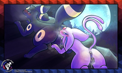 anal animal_genitalia animal_vulva anus backsack balls black_body blush blush_lines bodily_fluids border butt canine_genitalia canine_vulva detailed_background duo female feral fur genital_fluids genitals male male/female moon night nude open_mouth oral pink_body raised_tail rimming rimming_male saliva sex spread_legs spreading tail text tongue vulva watermelondx nintendo pokemon eeveelution espeon generation_2_pokemon mammal pokemon_(species) umbreon digital_media_(artwork) english_text hi_res url watermark