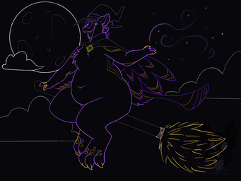 3_claws 3_fingers 3_toes 4_ears anthro biped broom broom_riding cape claws cleaning_tool clothing cloud cloudy_sky fangs feet fingers full_moon hat headgear headwear holidays magic male male_anthro markings moon multi_ear open_mouth open_smile purple_feather purple_tail purple_tuft sky slightly_chubby slightly_chubby_anthro slightly_chubby_male smile solo tail teeth toes tuft witch_hat yellow_claws yellow_markings strawberrymilkdog halloween mochi_(icanhazbrgr) avali 2023 hi_res line_art