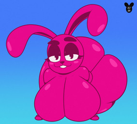 all_fours anthro big_breasts big_butt biped breasts butt eyebrows eyelashes featureless_breasts female half-closed_eyes huge_breasts huge_butt looking_at_viewer narrowed_eyes nude pink_body solo thick_thighs white_sclera wide_hips luanctoons bun_(protagon) lagomorph mammal 2025 absurd_res digital_media_(artwork) hi_res