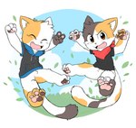 anthro bottomless clothed clothing duo jumping male male/male open_mouth open_smile pawpads short_sleeved_shirt shota smile topwear topwear_only young oob calico_cat domestic_cat felid feline felis mammal hi_res