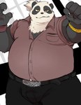 anthro belly big_belly black_nose bottomwear clothing fur humanoid_hands kemono male overweight overweight_male pants shirt solo topwear white_body white_fur shirokumaou bear giant_panda mammal 2024 hi_res