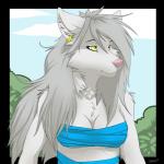 1:1 anthro biped blue_clothing blue_topwear breasts canid canine canis chest_tuft cleavage clothed clothing cloud digital_media_(artwork) ear_piercing ears_up female front_view fur gorsha_pendragon grey_hair hair half-length_portrait hi_res keidran long_hair mammal outside piercing pink_nose plant portrait raine_silverlock shirt sky smile solo standing topwear tree tuft twokinds watermark white_body white_fur wolf wrapped_topwear yellow_eyes