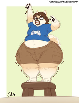 anthro beard belly clothing curvy_figure deep_navel eyewear facial_hair furniture glasses goatee huge_thighs male midriff moobs motion_lines mustache navel overweight overweight_male pear-shaped_figure reaching_for_object rectangular_glasses shirt short shortstack shortstack_male solo stool t-shirt text thick_thighs topwear wide_hipped_anthro wide_hipped_male wide_hips nekocrispy kiba_(shining_shield) canid canine canis domestic_dog mammal shiba_inu spitz url