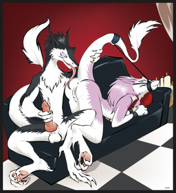 anthro anus balls bdsm bondage bound butt claws cuff_(restraint) dominant dominant_male duo erection female fur genitals male male/female masturbation muzzle_(object) muzzled nude paws penis restraints shackles submissive submissive_female tail tail_cuff tongue vulva wrist_cuffs eviljrgr sergal 2016 hi_res