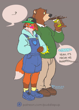 anthro beverage biped blue_clothing blue_footwear blue_shoes brown_body brown_clothing brown_footwear brown_fur brown_shoes bulge clothed clothing coffee diaper diaper_under_clothing dipstick_tail duo embarrassed footwear fur green_clothing green_shirt green_topwear hoodie humiliation male markings multicolored_body multicolored_fur orange_body orange_fur overalls overweight shirt shoes shortalls simple_background size_difference socks spit-take tail tail_markings text topwear wearing_diaper white_body white_fur yellow_clothing yellow_footwear yellow_socks puddlepup abuniverse peekabu bear canid canine fox mammal 2019 digital_media_(artwork) english_text
