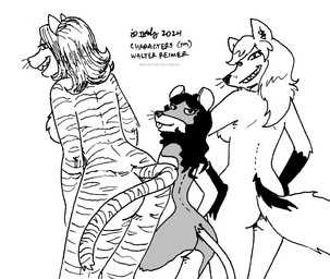 anthro buckteeth butt female fur gloves_(marking) grin group hair looking_at_viewer looking_back looking_back_at_viewer markings nude nude_anthro nude_female rear_view smile striped_body striped_fur striped_markings striped_tail stripes tail tail_markings teeth thin_tail trio whiskers tegerio canid canine domestic_cat felid feline felis fox mammal mouse murid murine rodent 2024 hi_res monochrome