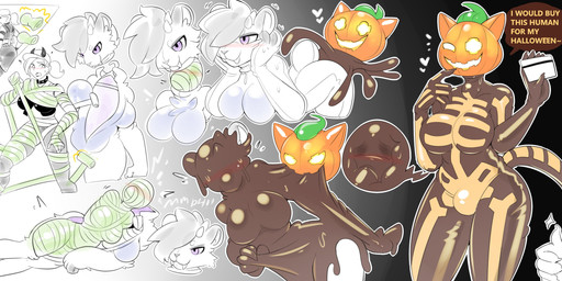 anthro big_breasts black_hair blue_eyes bone breasts brown_body bulge clothing cosplay costume credit_card customer demon_horns_(accessory) duo fangs female female/female food fruit goo_transformation grey_body hair hat headgear headwear heart_symbol latex latex_transformation orange_ears plant pumpkin skeleton smile solo stealing stuck suit suit_transformation teeth text thick_thighs tied_hair toilet_paper transformation white_body wrapped wrapping_paper mxl epic_games fortnite adaj_(adaj) spice_(fortnite) animate_inanimate felid goo_creature human living_clothing mammal prehistoric_species saber-toothed_tiger absurd_res english_text hi_res