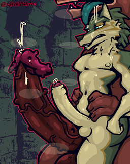3_fingers 4_fingers anthro anthrofied ball_size_difference balls big_balls big_glans big_penis blue_eyes blue_tongue bodily_fluids body_hair breath claws comparing dripping dungeon duo erection femboy feral finger_claws fingers foreskin frottage fur genital_fluids genitals glans green_body green_fur green_hair grey_body hair hairy_balls huge_balls huge_penis humanoid_genitalia humanoid_penis imminent_sex leaking_precum leg_grab male male/male markings musk musky_balls musky_penis nails nipples nubbed_penis nude penile penis penis_size_difference penises_touching pig_nose pig_snout precum precum_drip precum_on_penis pubes red_body red_glans red_penis saliva saliva_drip saliva_on_face saliva_on_tongue sex size_difference smaller_anthro smaller_male stray_pubes sweat sweatdrop thigh_grab tongue tongue_out vein veiny_penis waist_grab warts worried worried_look velvetdraw nintendo the_legend_of_zelda link_(wolf_form) blin_(tloz) bokoblin canid canine canis mammal moblin monster wolf 2026 detailed digital_drawing_(artwork) digital_media_(artwork) hi_res