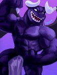 abs anthro blue_eyes flexing horn male membrane_(anatomy) membranous_wings muscular muscular_anthro muscular_male open_mouth open_smile pecs purple_background purple_body simple_background smile solo teeth towel towel_only wings spectral-bat mythology nintendo ring_fit_adventure dragaux dragon mythological_creature mythological_scalie scalie 2020 hi_res