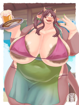 5_fingers alcohol anthro apron areola areola_slip beer beverage big_breasts bikini bikini_top breasts brown_body brown_fur brown_hair brown_tail clothed clothing curvy_figure digit_ring eyebrow_through_hair eyebrows female fingers food fur hair horn huge_breasts jewelry kemono logo long_hair open_mouth overweight overweight_anthro overweight_female ponytail ring solo standing swimwear tail teeth thick_thighs tongue translucent translucent_hair two-piece_swimsuit voluptuous wedding_ring white_body white_fur wide_hips sasanoha6011 bovid bovine cattle mammal absurd_res artist_logo hi_res portrait three-quarter_portrait