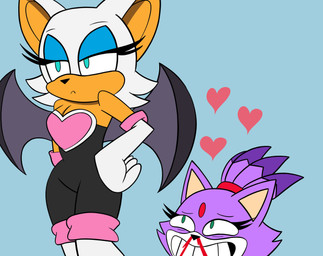 accessory anthro black_bodysuit black_clothing black_skinsuit blood blue_background bodily_fluids bodysuit clothing duo female female/female forehead_gem fur gem gloves green_eyes grin handwear headband heart_symbol looking_at_another naughty_face nosebleed oblivious peeping possession purple_body purple_fur red_headband simple_background skinsuit smile standing tight_clothing voyeur white_clothing white_gloves white_handwear wings tabzdrawzstuff sega sonic_the_hedgehog_(series) blaze_the_cat rouge_the_bat unnamed_character bat domestic_cat felid feline felis mammal 2025 absurd_res colored hi_res