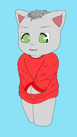 ambiguous_gender anthro bite biting_lip bottomless clothed clothing fur green_eyes grey_body grey_fur red_clothing red_shirt red_topwear shirt shirt_only solo topwear topwear_only young ace_core felid feline mammal 9:16 hi_res female_(lore)