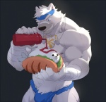 abs accessory anthro biceps blue_clothing blue_speedo blue_swimwear bottomwear bulge catsup clothing duo food fur headband imminent_vore jewelry ketchup male muscular necklace necktie nipples pecs speedo sweatband swimwear white_body white_fur rollingstoneeeeee ben_(rollingstoneeeeee) bear harp_seal mammal marine pinniped polar_bear seal ursine 2017