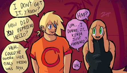 anthro beach black_clothing black_swimwear blonde_hair blue_eyes clothing color_coded color_coded_speech_bubble dialogue duo ear_piercing ear_ring female green_eyes hair male multiple_ear_piercings multiple_ear_ring night orange_clothing orange_shirt orange_t-shirt orange_topwear piercing ponytail ring_piercing shirt speech_bubble swimwear t-shirt text tied_hair topwear walking biscotti5000 jane_(biscotti5000) sam_(biscotti5000) canid canine canis domestic_dog human mammal english_text hi_res