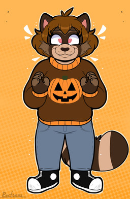 4_fingers anthro arms_bent bangs black_claws black_clothing black_footwear black_shoes blue_bottomwear blue_clothing blue_pants bottomwear brown_body brown_clothing brown_eyebrows brown_fur brown_hair brown_nose brown_stripes brown_sweater brown_tail brown_topwear cheek_tuft claws closed_smile clothed clothed_anthro clothed_female clothing eyebrow_through_hair eyebrows eyelashes facial_tuft fangs female finger_claws fingers footwear front_view fully_clothed fully_clothed_anthro fully_clothed_female fur hair heart_eyes heart_symbol holidays infatuation light looking_at_viewer markings mouth_closed multicolored_body multicolored_fur no_pupils orange_background pants pattern_background pink_eyes pink_inner_ear pockets simple_background smile smiling_at_viewer solo striped_markings striped_tail stripes sweater tail tail_markings teeth text topwear translucent translucent_hair tuft whisker_spots ractoons halloween raquel_(ractoons) mammal procyonid raccoon 2023 artist_name colored digital_drawing_(artwork) digital_media_(artwork) full-length_portrait hi_res lighting portrait shaded simple_shading spanish_description