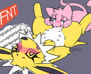 bedroom_eyes blue_eyes blush blushing_profusely body_blush cunnilingus digitigrade dominant dominant_female dominant_feral duo fangs female female/female feral feral_on_feral fur genitals glistening glistening_genitalia glistening_vulva grey_background half-closed_eyes head_tuft keysmash_text larger_sub looking_at_genitalia looking_at_vulva lying lying_and_blow_position multi_nipple narrowed_eyes neck_tuft nipples nude on_back oral overstimulation paw_pose pink_body pink_fur plump_labia pose seductive sex simple_background size_difference spiral spiral_eyes spread_legs spreading submissive submissive_female submissive_feral teats teeth three-quarter_view tongue tongue_out tuft vaginal vulva vulva_blush white_body white_fur yellow_body yellow_fur nulloffset nintendo pokemon lilith_(nulloffset) lori_(nulloffset) eeveelution generation_1_pokemon jolteon legendary_pokemon mew_(pokemon) pokemon_(species) hi_res watermark