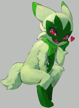 ambiguous_anthro ambiguous_gender anthro arm_support biped cheek_tuft cute_fangs facial_markings facial_tuft fangs floating_heart fur green_body green_fur head_markings heart_symbol leaning_on_elbow looking_at_viewer markings mask_(marking) nude nude_ambiguous nude_anthro open_mouth red_eyes side_view simple_background sitting solo tail teeth tongue tuft peppergecko72 nintendo pokemon felid floragato generation_9_pokemon mammal pokemon_(species) 2024 absurd_res digital_media_(artwork) hi_res
