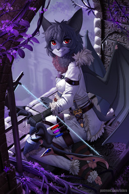 5_fingers anthro black_hair bow_(weapon) breasts clothed clothing dagger female fingers hair holding_bow_(weapon) holding_object holding_ranged_weapon holding_weapon melee_weapon membrane_(anatomy) membranous_wings ranged_weapon red_eyes smile solo weapon wings iskra erica_fangtasia_batsy bat mammal 2:3 digital_media_(artwork) shaded soft_shading