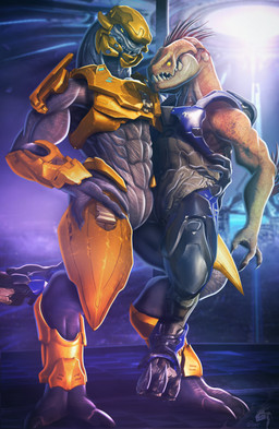 2_toes 3_fingers 3_toes 4_fingers anthro arm_quills bottomless bottomless_humanoid clothed clothing digitigrade duo feet fingers hand_on_hip holding_another male quill_hair sitting_on_leg standing toes yellow_eyes drakaar halo_(series) microsoft xbox_game_studios t'loaki alien humanoid ibie'shan kig-yar sangheili scalie hi_res