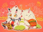 :3 abstract_background ambiguous_gender anthro bandai_namco burger candy chocolate claws dessert digimon digimon_(species) duo eating food fur gammamon hi_res horn kerchief kubota_keita long_ears neckerchief scalie sitting smile terriermon white_body white_fur yellow_eyes