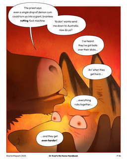 bodily_fluids bold_text border brown_body brown_fur dialogue dirty_talk duo ear_lick fur holding_face licking male orange_body orange_fur overwhelmed speech_bubble sweat tongue sharkinthepark bovid bovine canid canine cattle fox mammal 2025 absurd_res hi_res