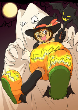 anthro brown_hair clothing costume food fruit fur ghost_costume gloves group hair handwear hat headgear headwear holidays jack-o'-lantern looking_at_viewer magic_user male plant pumpkin smile tan_body tan_fur white_body white_fur witch witch_hat young young_anthro manmosu_marimo halloween shota_feline_(marimo) white_canine_(marimo) bat canid canine canis domestic_cat domestic_dog felid feline felis ghost mammal spirit 2017 digital_media_(artwork)