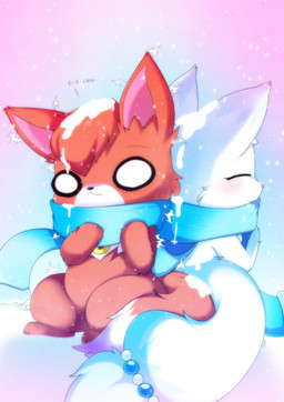anthro bangs blue_markings blush cheek_tuft chibi cold duo eyes_closed facial_tuft female fluffy fluffy_tail fur happy humor jewelry long_tail male male/female markings necklace red_body red_fur romantic romantic_ambiance romantic_couple scarf shaking sharing_clothing sharing_scarf shivering smile snow snow_on_body snow_on_fur snowing tail text tuft white_body white_fur white_markings plushcrochet jewelpet sanrio sega_fave carney_(carnelianfox) fan_character larimar_(jewelpet) arctic_fox canid canine fox mammal red_fox true_fox absurd_res english_text hi_res