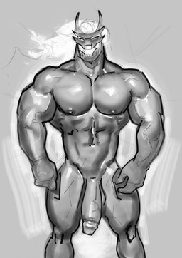 5_fingers biceps big_muscles big_penis fingers flaming_head genitals horn large_male larger_male male muscular muscular_male nipples nude pecs penis size_difference solo purplebirdman demon 2026 detailed digital_drawing_(artwork) digital_media_(artwork) hi_res monochrome portrait shaded sketch three-quarter_portrait