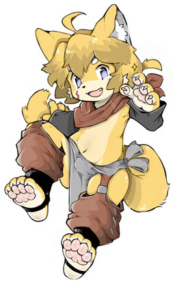anthro bulge claws countershading fangs kemono kerchief looking_at_viewer male navel no_pupils open_mouth orange_body pawpads raised_leg simple_background solo stirrup_legwear teeth white_background young young_anthro young_male mentha mammal 2019 absurd_res chinese_description hi_res