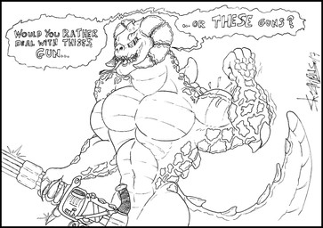 biceps black_border border gatling_gun gun horn looking_at_viewer machine_gun male minigun muscular ranged_weapon text weapon skianous fallout microsoft deathclaw scalie english_text hi_res monochrome