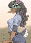 accessory anthro breasts eyelashes eyeshadow female field flower flower_in_hair furgonomics hair hair_accessory looking_at_viewer makeup plant side_view solo tail retbriar lauren_river_(retbriar) anas anatid anseriform avian bird dabbling_duck duck mallard 2023 hi_res signature