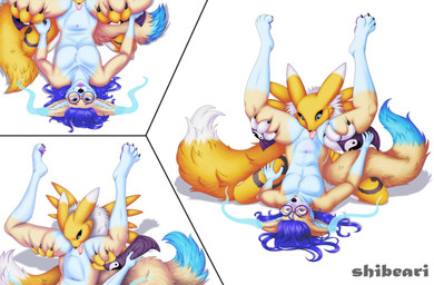 ambiguous_gender andromorph anthro cunnilingus dipstick_tail duo ear_markings eyewear feedbag_position glasses hair hand_on_leg holding_another intersex leg_markings lifting_partner looking_pleasured markings oral purple_hair round_glasses sex socks_(marking) spread_legs spreading tail tail_markings vaginal shibeari bandai_namco digimon lloxie_(character) canid canine digimon_(species) fox mammal phasefox renamon absurd_res hi_res nonbinary_(lore)