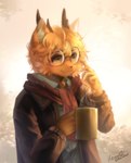 5_fingers anthro clothed clothing eyewear felid feline fingers glasses hair hi_res horn inner_ear_fluff male mammal riko_sakari rikosakari smile solo tuft