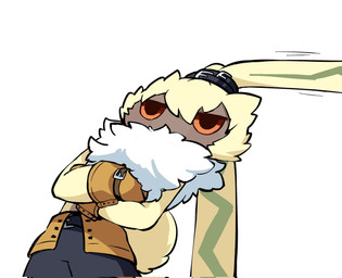 anthro bottomwear chibi clothing fur gloves handwear long_ears male orange_eyes pants ponytail_ears pouting shirtless small_waist solo yellow_body yellow_fur youzaiyouzai112 bandai_namco digimon digimon_ghost_game digimon_(species) lagomorph leporid mammal rabbit symbareangoramon hi_res